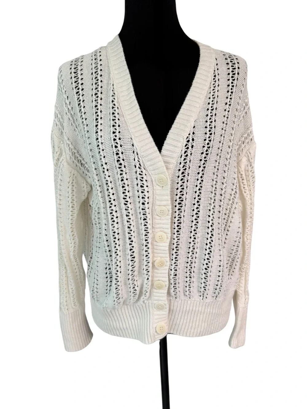 J.Crew Ivory Pointelle V-Neck Cardigan Size Small